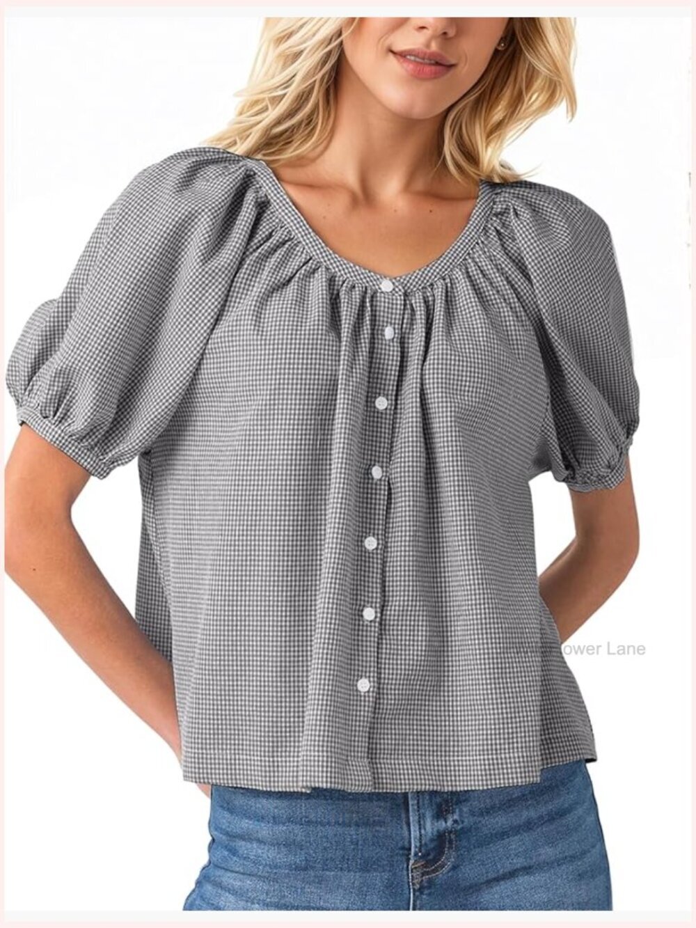 Plaid Puff Sleeve Button Down Shirt Babydoll Peplum Blouse Flowy Tunic Summer